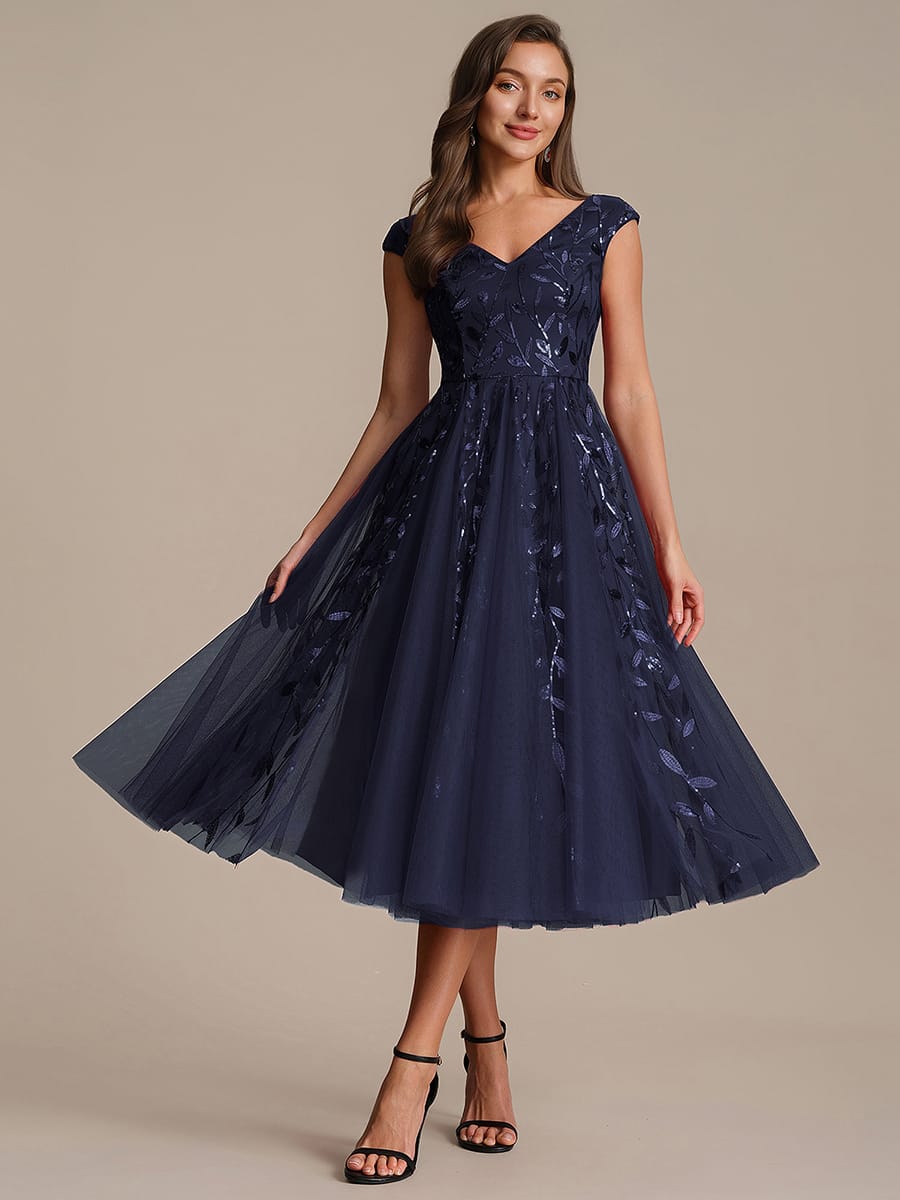 Sequin Sleeveless A-Line Dress #color_Navy Blue