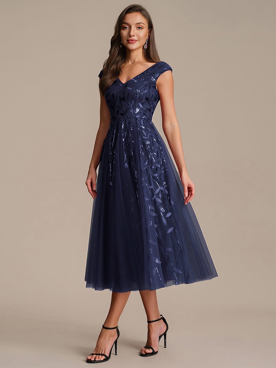 Sequin Sleeveless A-Line Dress #color_Navy Blue