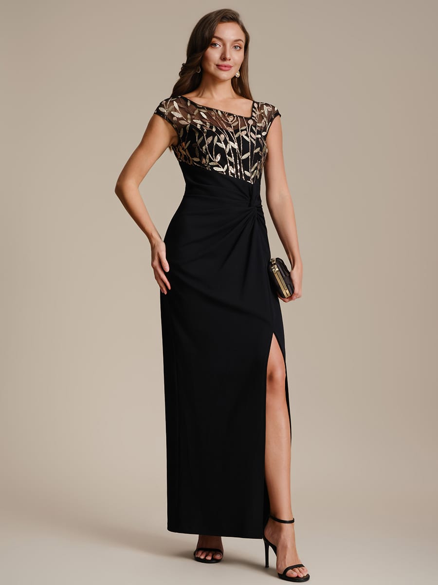Knotted Crepe Cap Sleeve Dress #color_Black & Gold