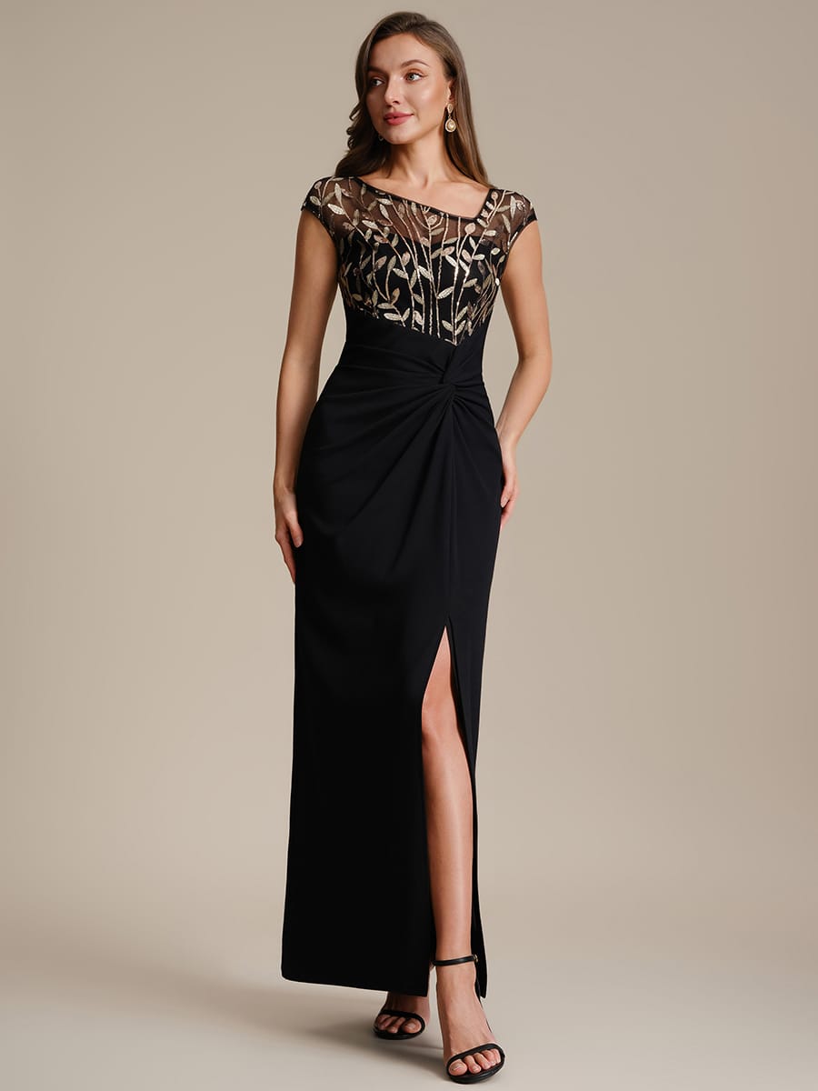 Knotted Crepe Cap Sleeve Dress #color_Black & Gold