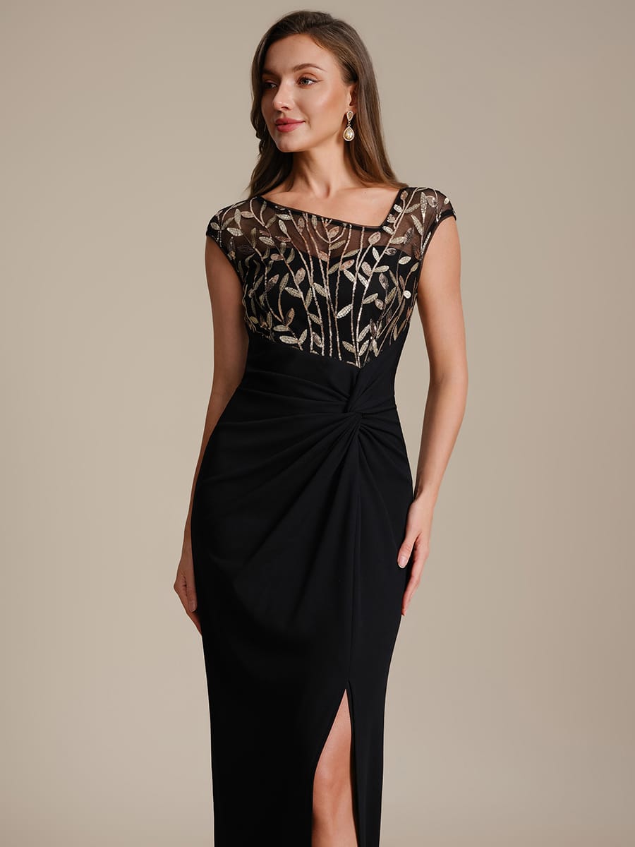 Knotted Crepe Cap Sleeve Dress #color_Black & Gold