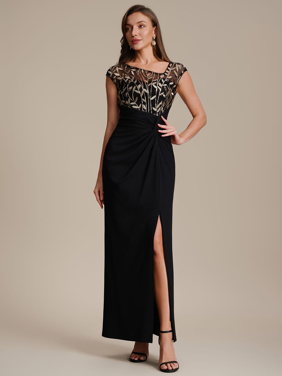 Knotted Crepe Cap Sleeve Dress #color_Black & Gold