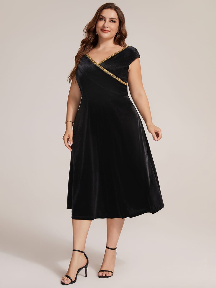 Velvet Midi Length V-neckline A-line Cap Sleeve Back zipper Wedding Guest Dresses #color_Black
