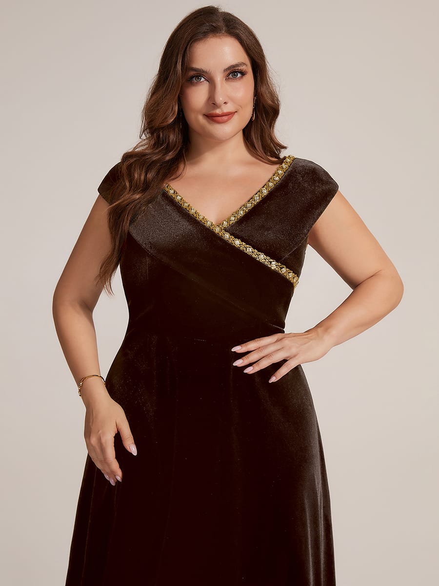 Velvet Midi Length V-neckline A-line Cap Sleeve Back zipper Wedding Guest Dresses #color_Brown