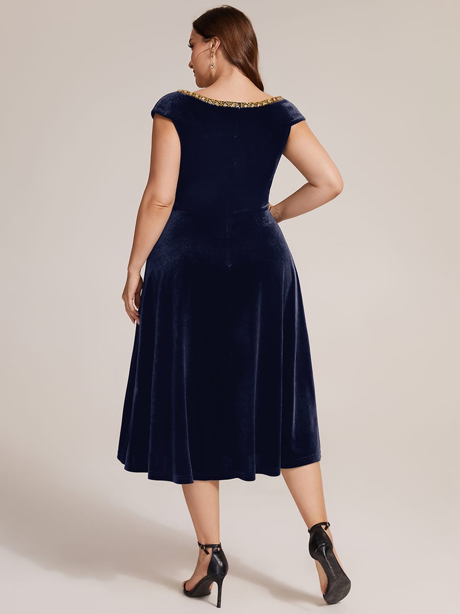 Velvet Midi Length V-neckline A-line Cap Sleeve Back zipper Wedding Guest Dresses #color_Navy Blue