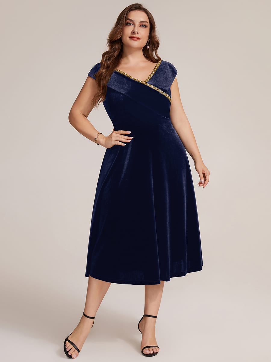 Velvet Midi Length V-neckline A-line Cap Sleeve Back zipper Wedding Guest Dresses #color_Navy Blue