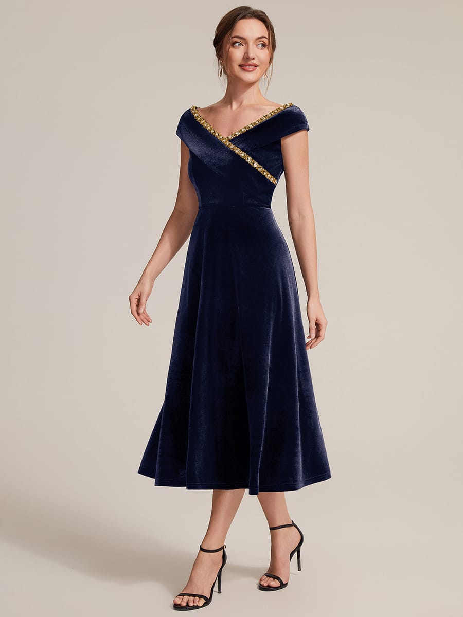 Velvet Midi Length V-neckline A-line Cap Sleeve Back zipper Wedding Guest Dresses #color_Navy Blue