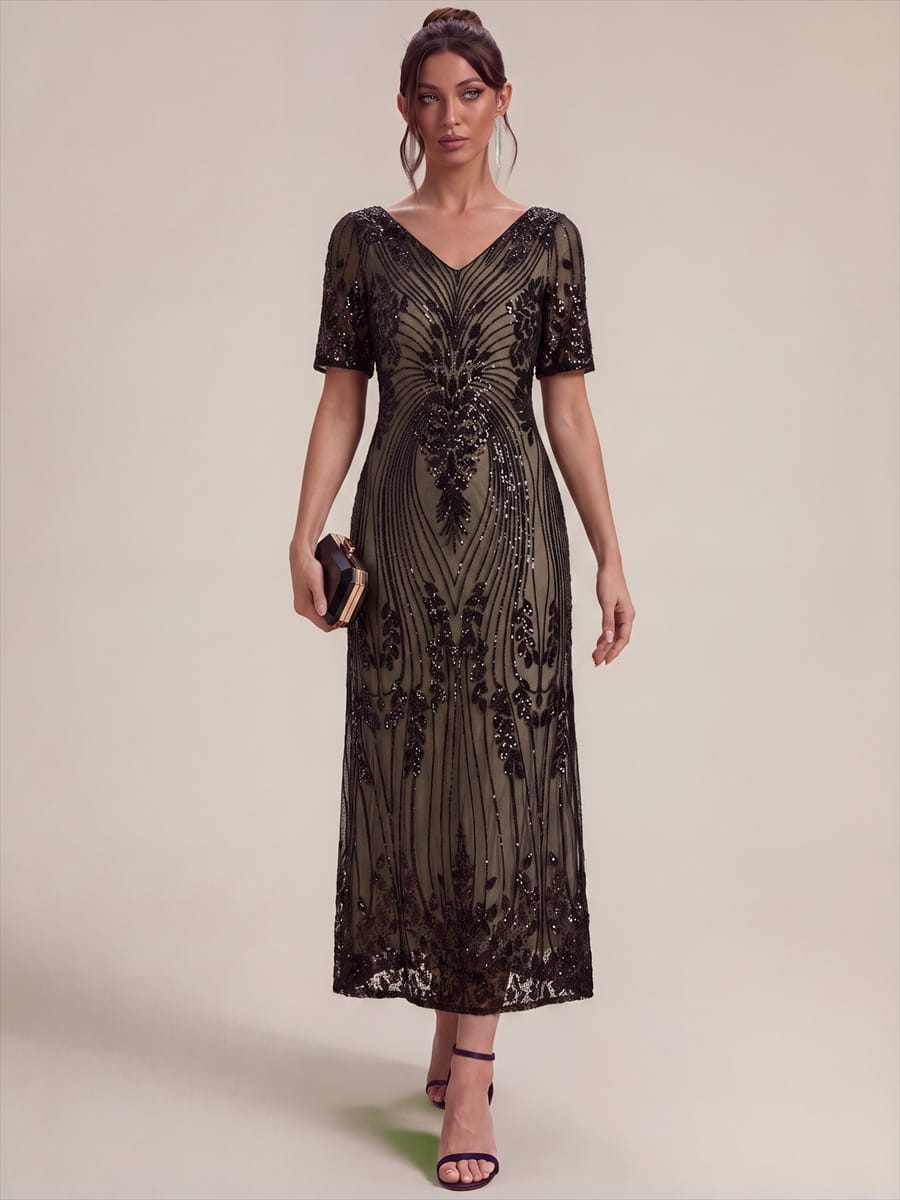 sequins Tea Length V-neckline Sheath Short Sleeve / Fitted Sleeve Back zipper yes no Dress #color_Black