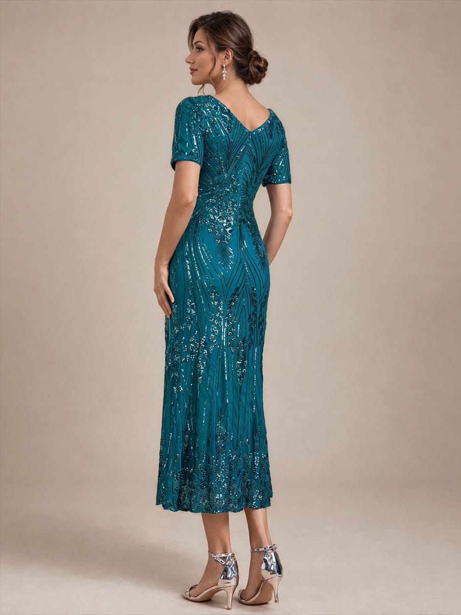 sequins Tea Length V-neckline Sheath Short Sleeve / Fitted Sleeve Back zipper yes no Dress #color_Teal Blue