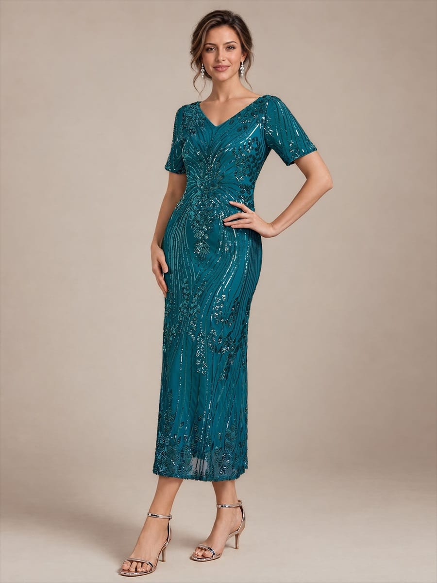 sequins Tea Length V-neckline Sheath Short Sleeve / Fitted Sleeve Back zipper yes no Dress #color_Teal Blue