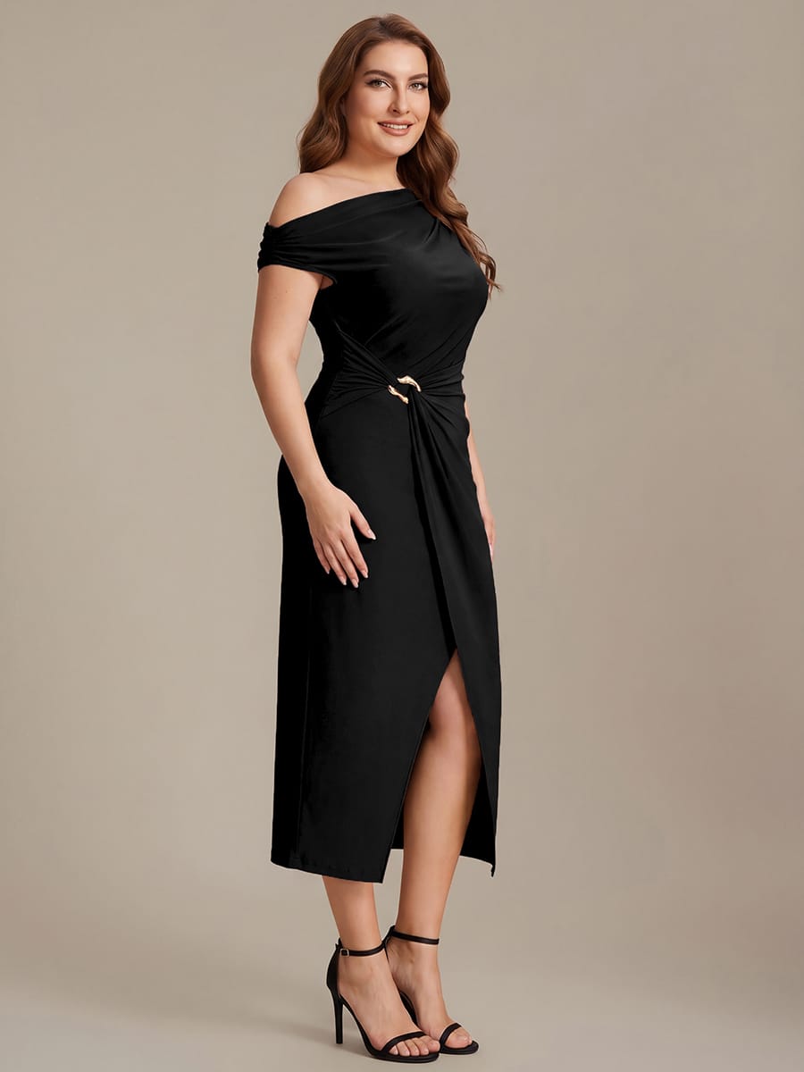 Handkerchief Hem jersey Off-the-shoulder Sleeve Dress #color_Black