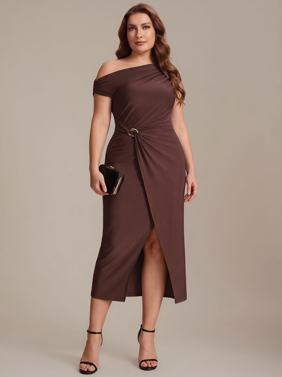Handkerchief Hem jersey Off-the-shoulder Sleeve Dress #color_Chocolate Brown
