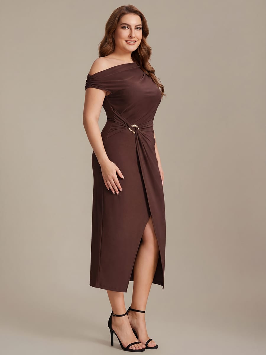 Handkerchief Hem jersey Off-the-shoulder Sleeve Dress #color_Chocolate Brown