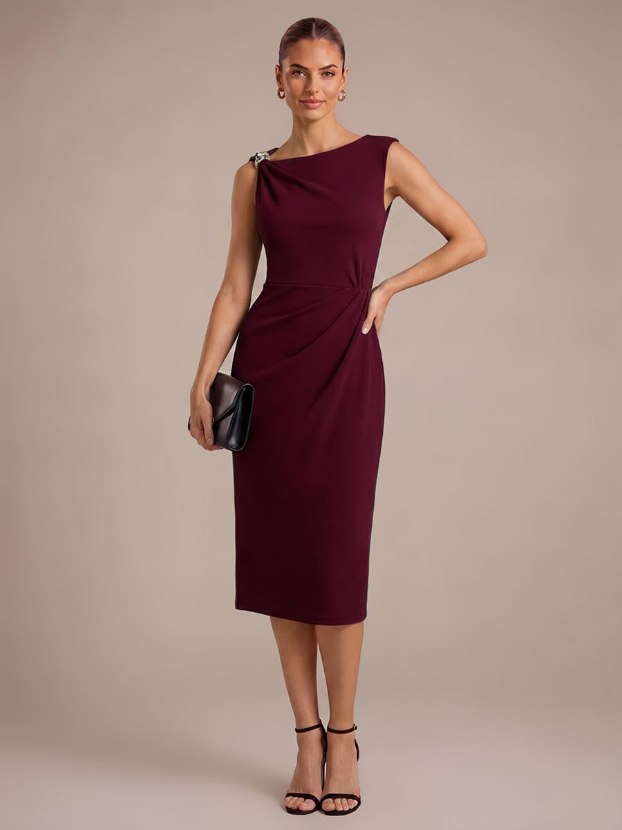 Crepe Sleeveless Sheath Dress #color_Burgundy