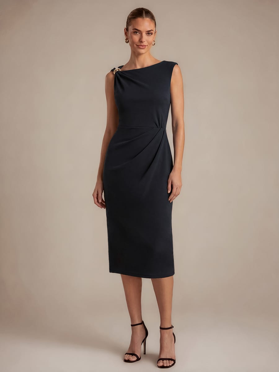 Crepe Sleeveless Sheath Dress #color_Black