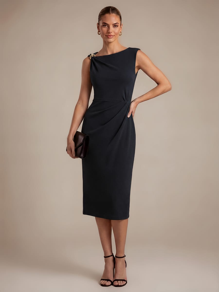 Crepe Sleeveless Sheath Dress #color_Black