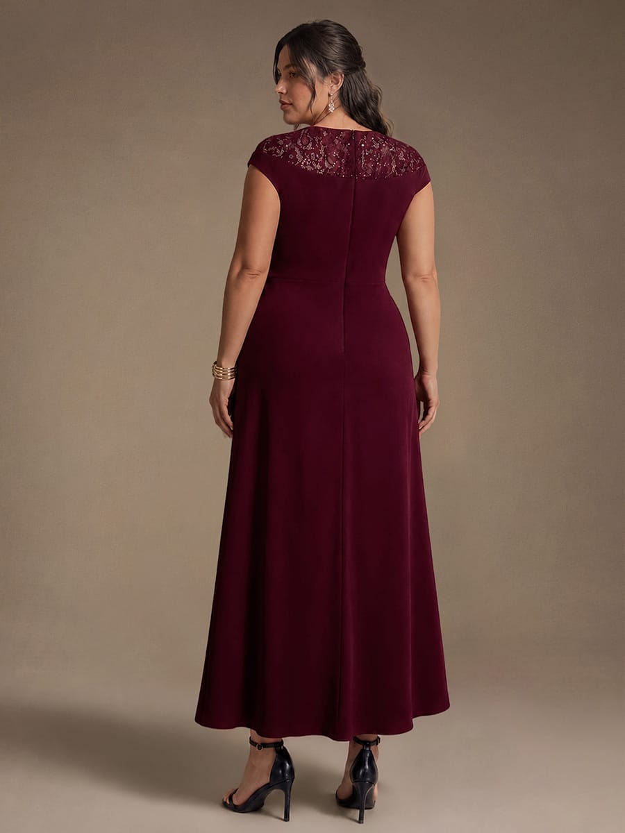 Sequin Crepe Cap Sleeve Dress #color_Burgundy