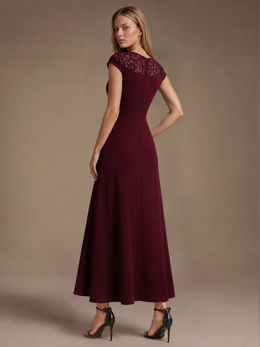 Sequin Crepe Cap Sleeve Dress #color_Burgundy