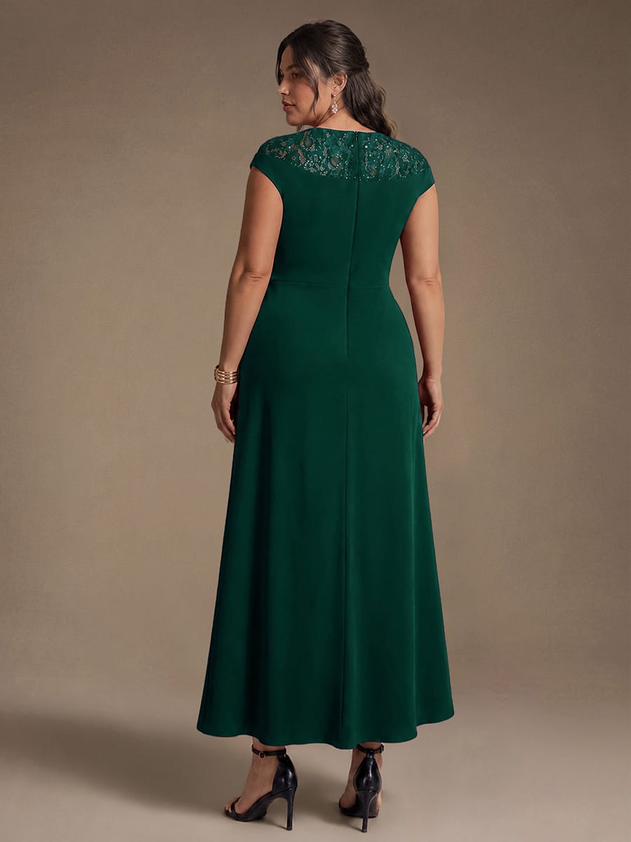 Sequin Crepe Cap Sleeve Dress #color_Dark Green
