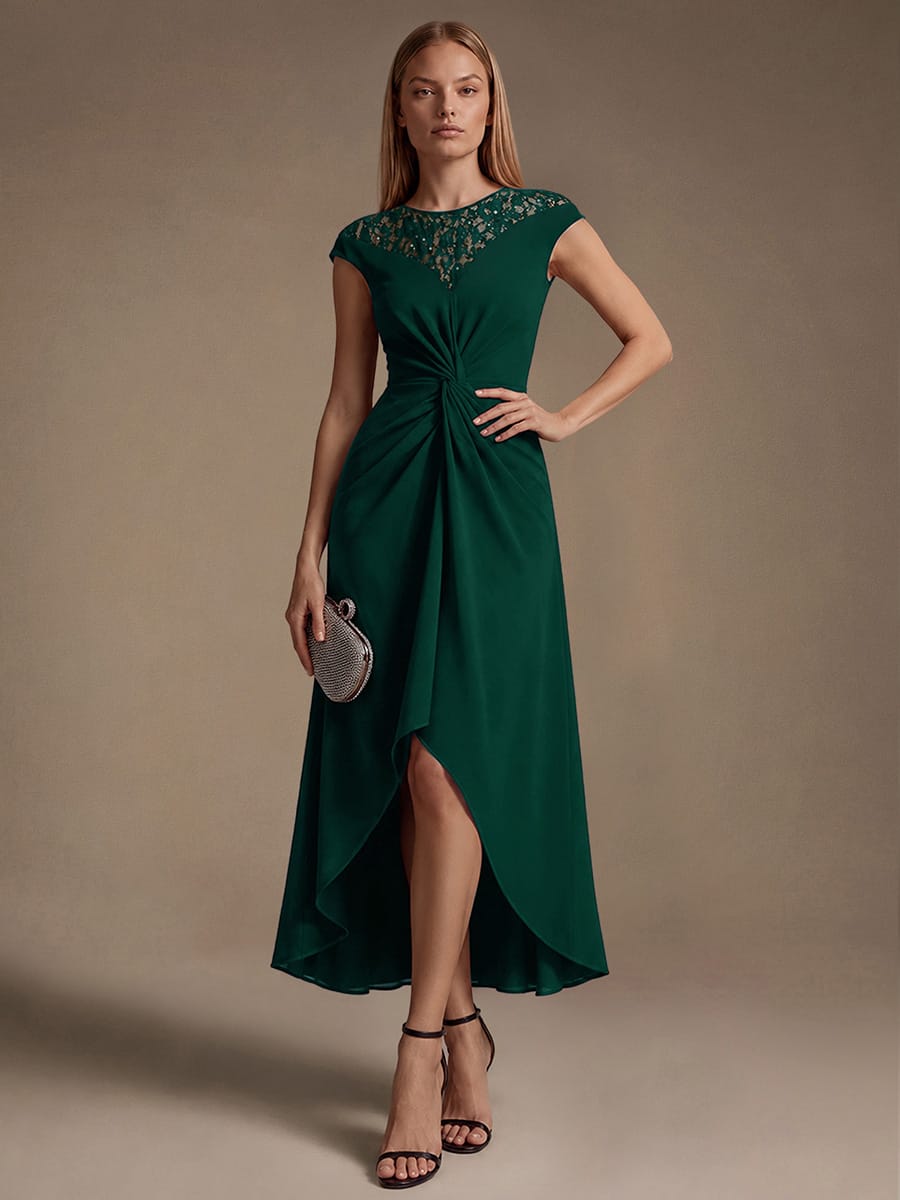 Sequin Crepe Cap Sleeve Dress #color_Dark Green
