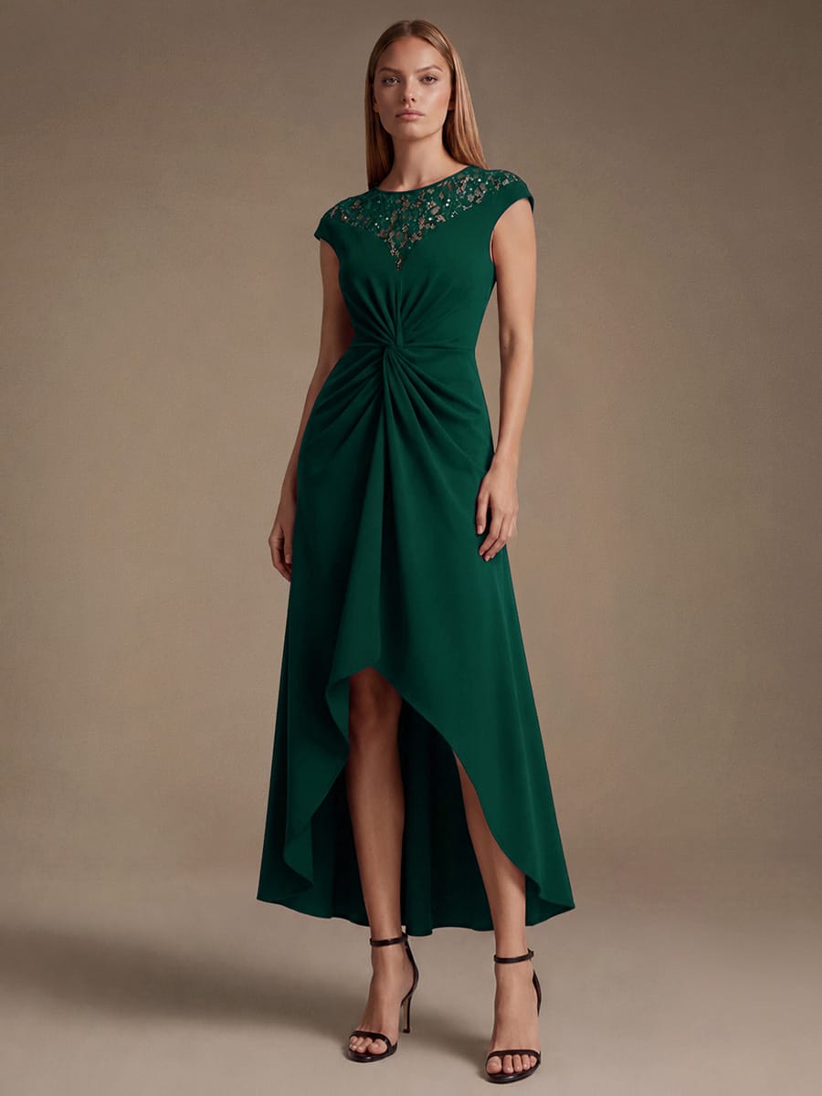 Sequin Crepe Cap Sleeve Dress #color_Dark Green