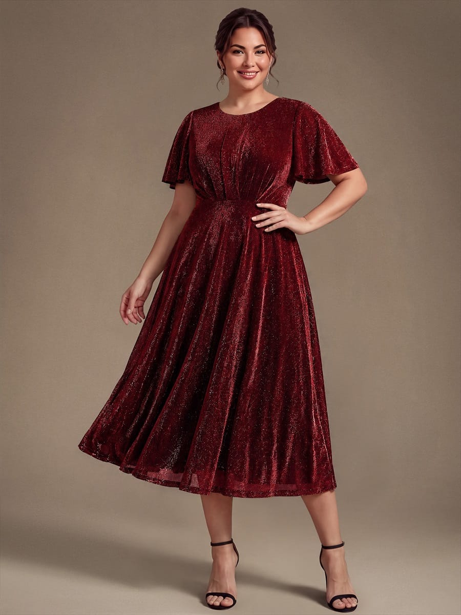 Knit Fitted Sleeve A-line Dress #color_Burgundy