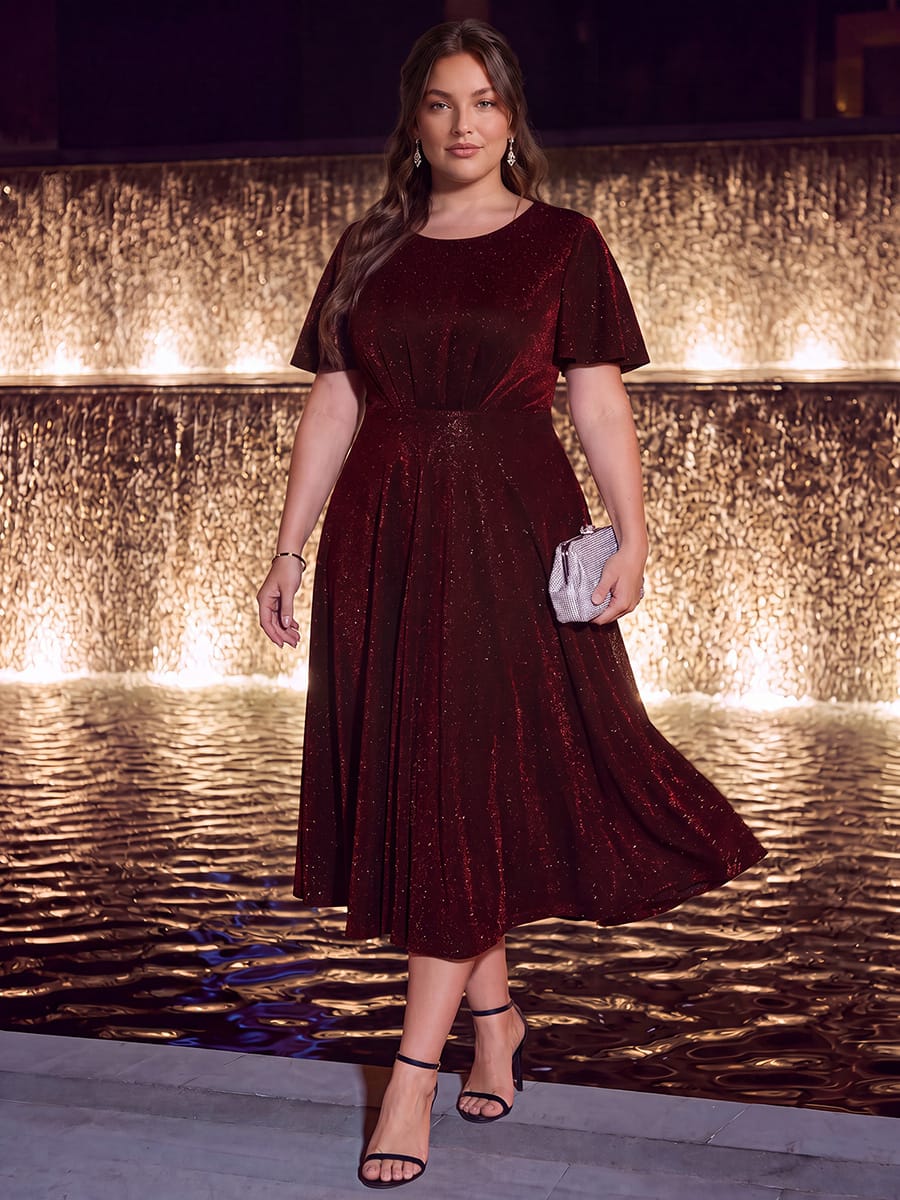 Knit Fitted Sleeve A-line Dress #color_Burgundy