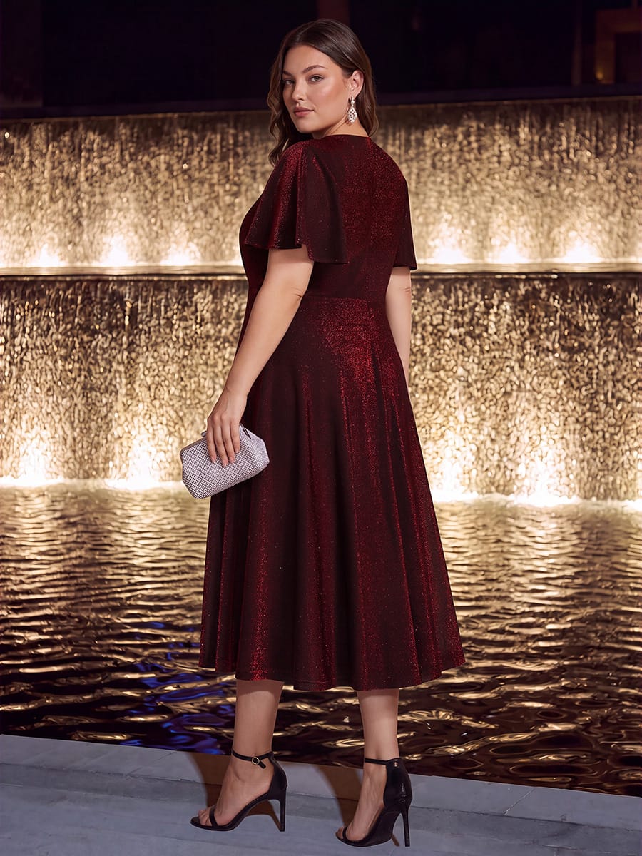 Knit Fitted Sleeve A-line Dress #color_Burgundy
