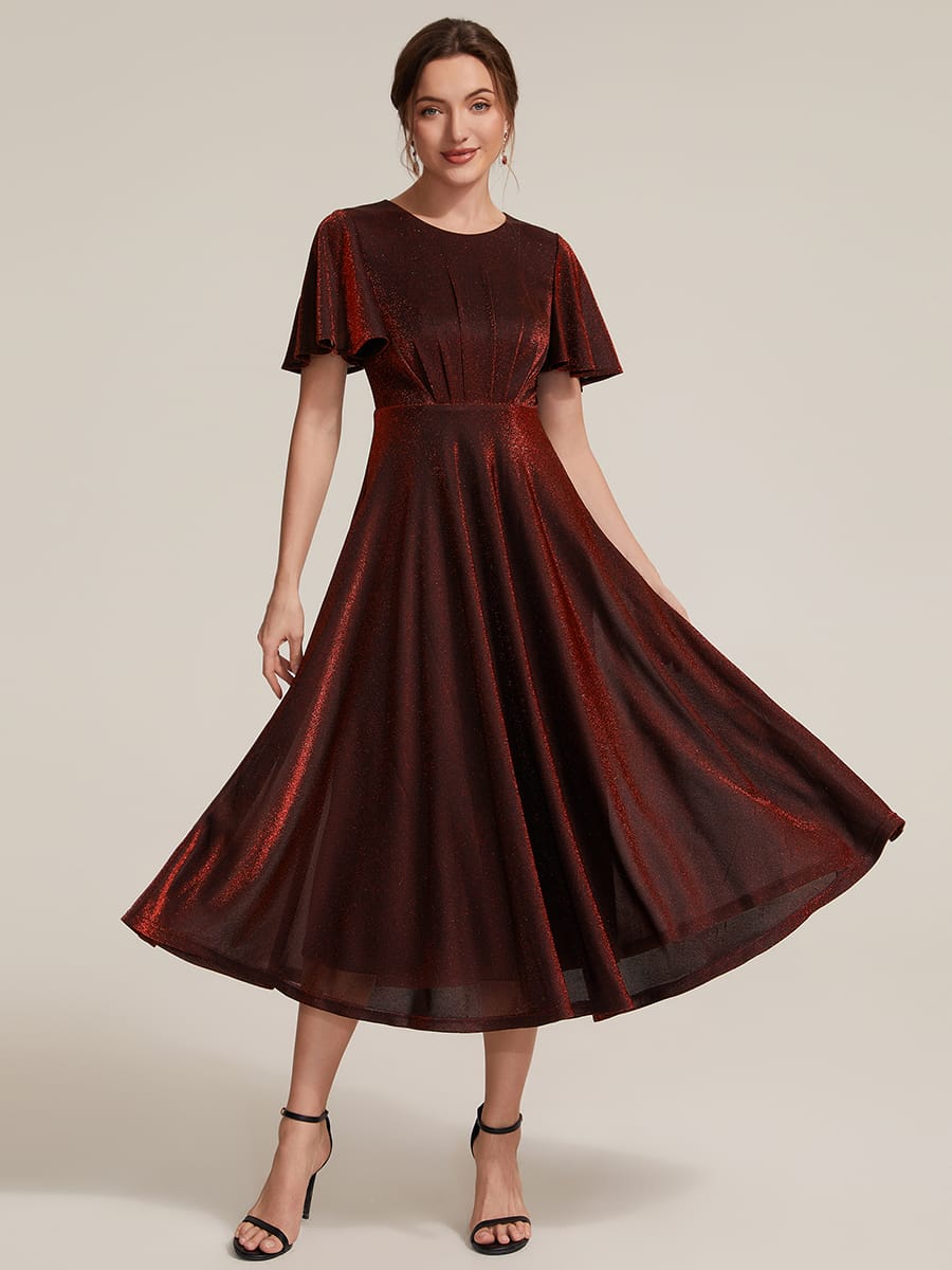 Knit Fitted Sleeve A-line Dress #color_Burgundy