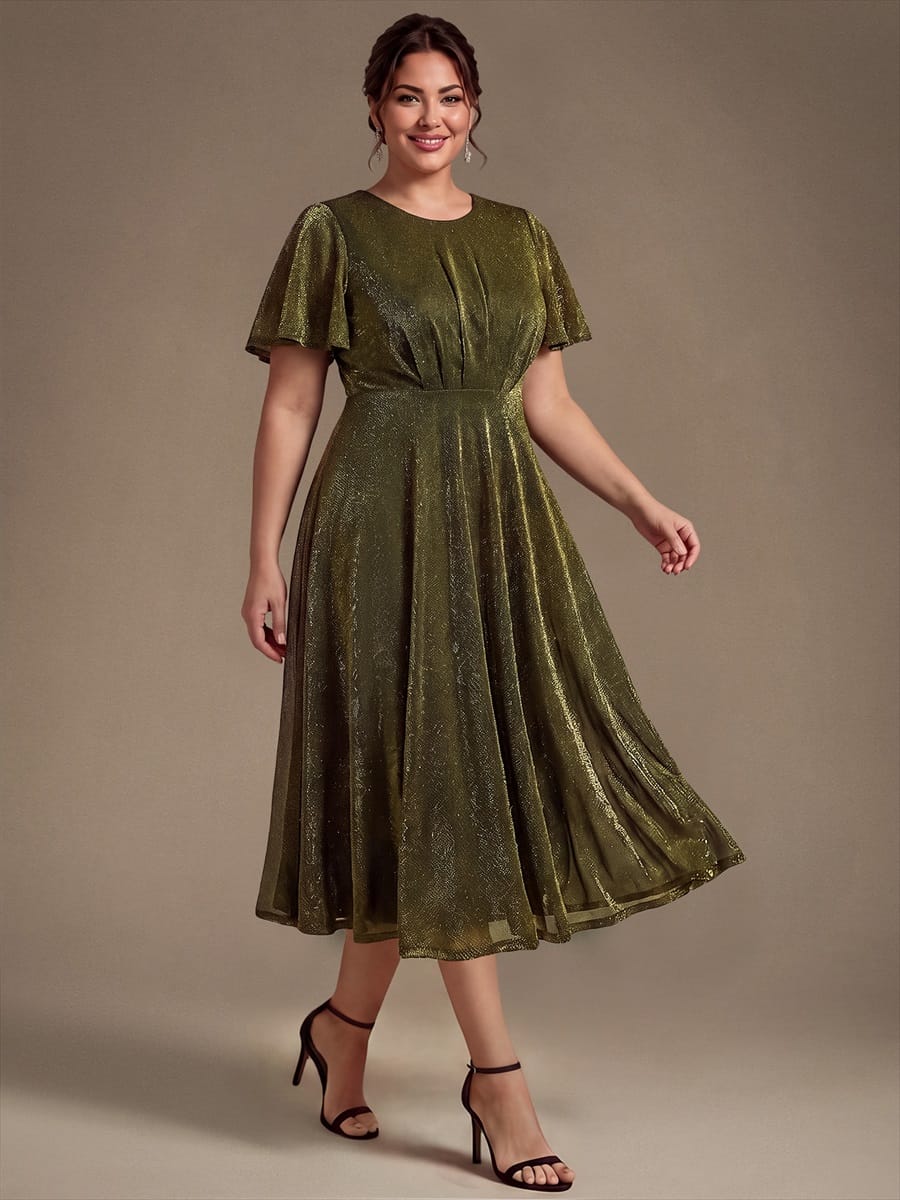 Knit Fitted Sleeve A-line Dress #color_Metallic Gold