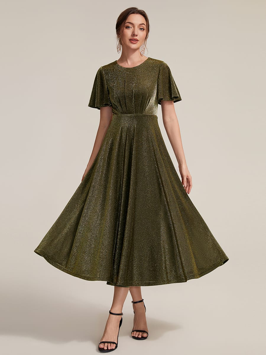 Knit Fitted Sleeve A-line Dress #color_Metallic Gold
