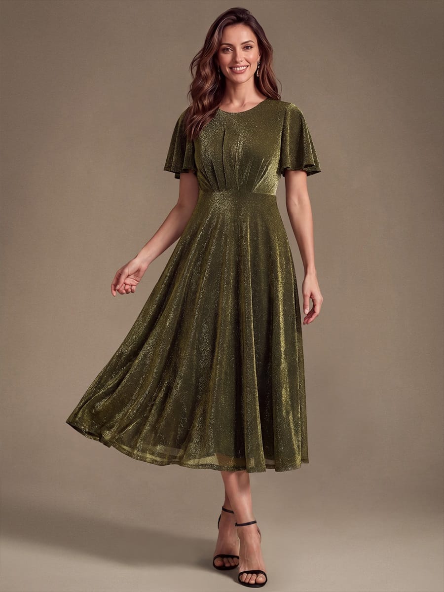 Knit Fitted Sleeve A-line Dress #color_Metallic Gold
