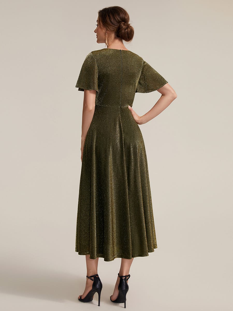 Knit Fitted Sleeve A-line Dress #color_Metallic Gold