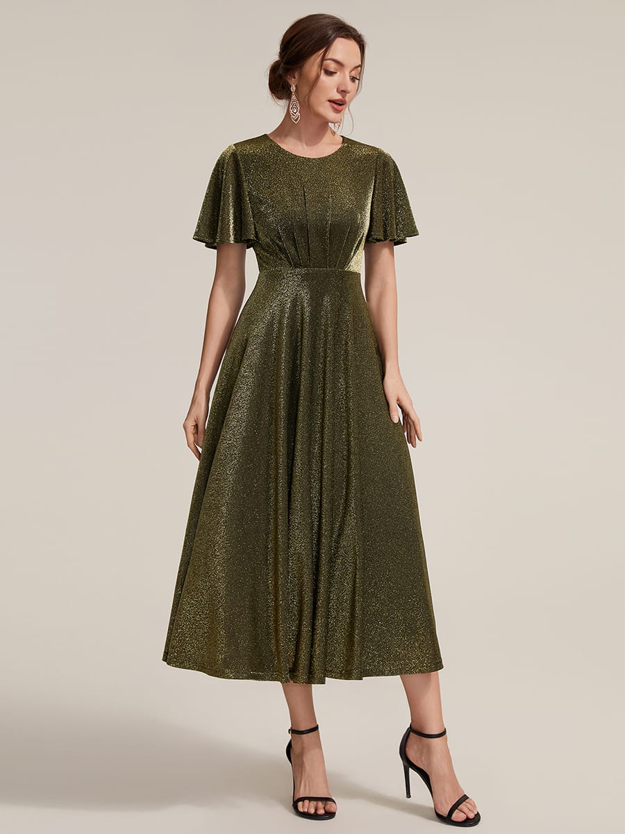 Knit Fitted Sleeve A-line Dress #color_Metallic Gold