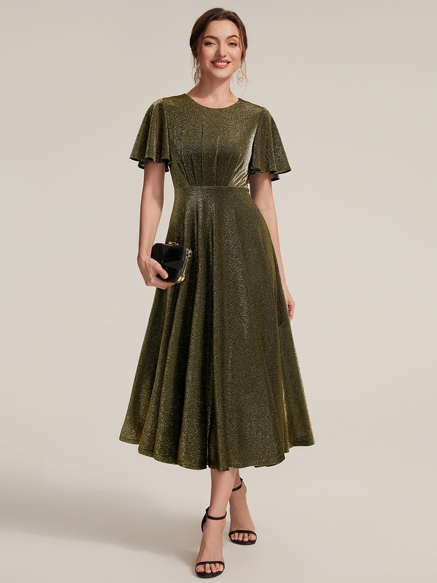 Knit Fitted Sleeve A-line Dress #color_Metallic Gold