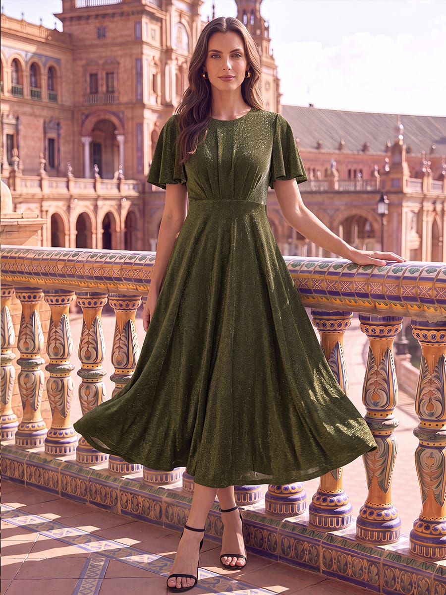 Knit Fitted Sleeve A-line Dress #color_Metallic Gold