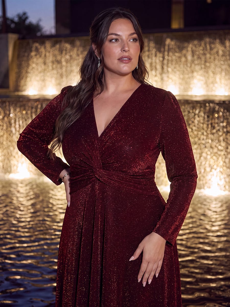 Knotted Knit Fitted Sleeve Dress #color_Burgundy