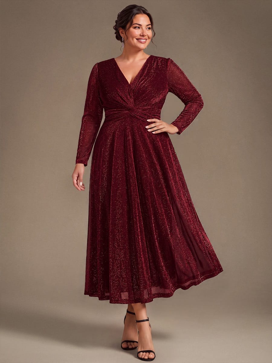 Knotted Knit Fitted Sleeve Dress #color_Burgundy