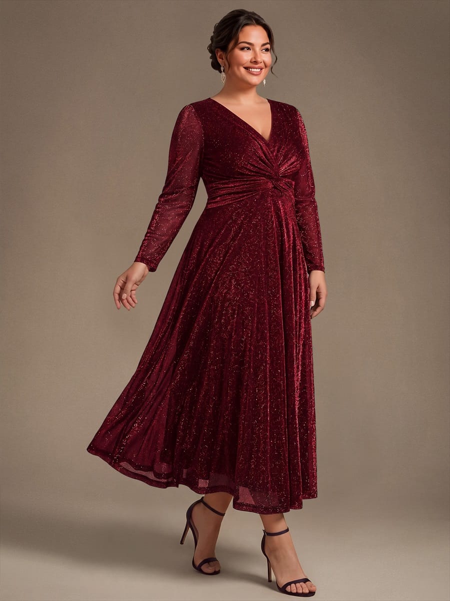 Knotted Knit Fitted Sleeve Dress #color_Burgundy