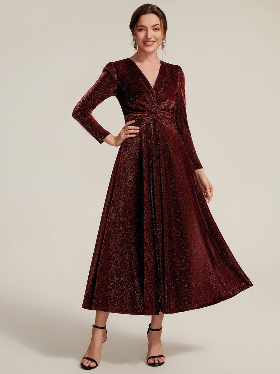 Knotted Knit Fitted Sleeve Dress #color_Burgundy