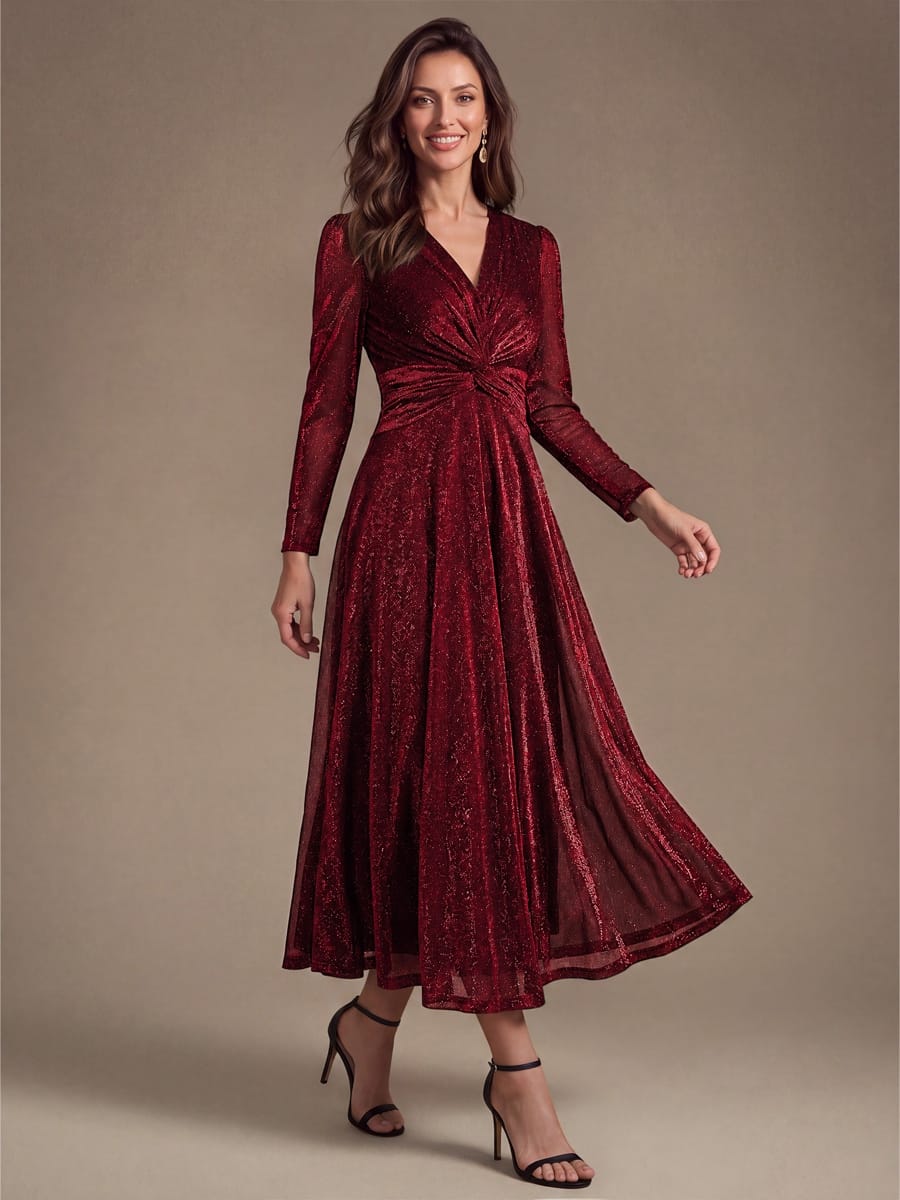 Knotted Knit Fitted Sleeve Dress #color_Burgundy