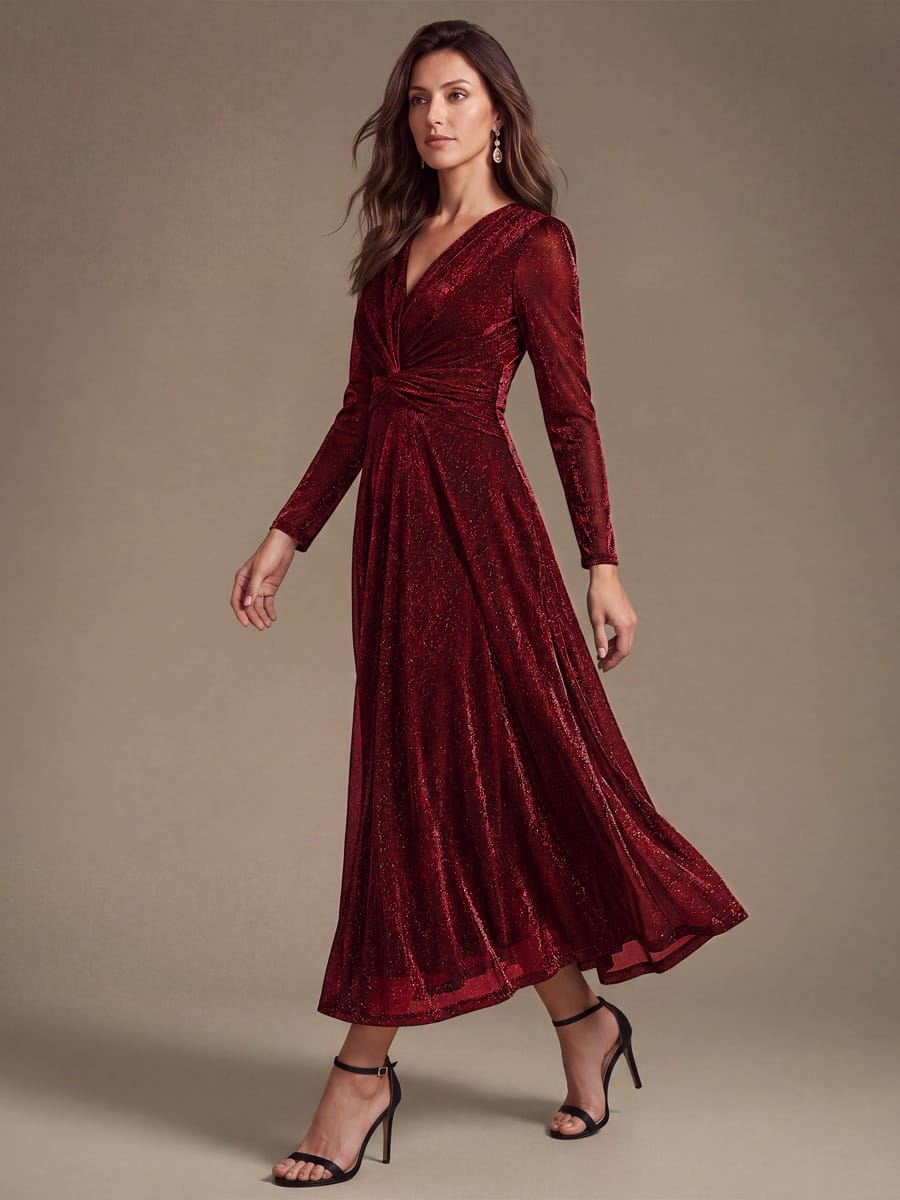 Knotted Knit Fitted Sleeve Dress #color_Burgundy