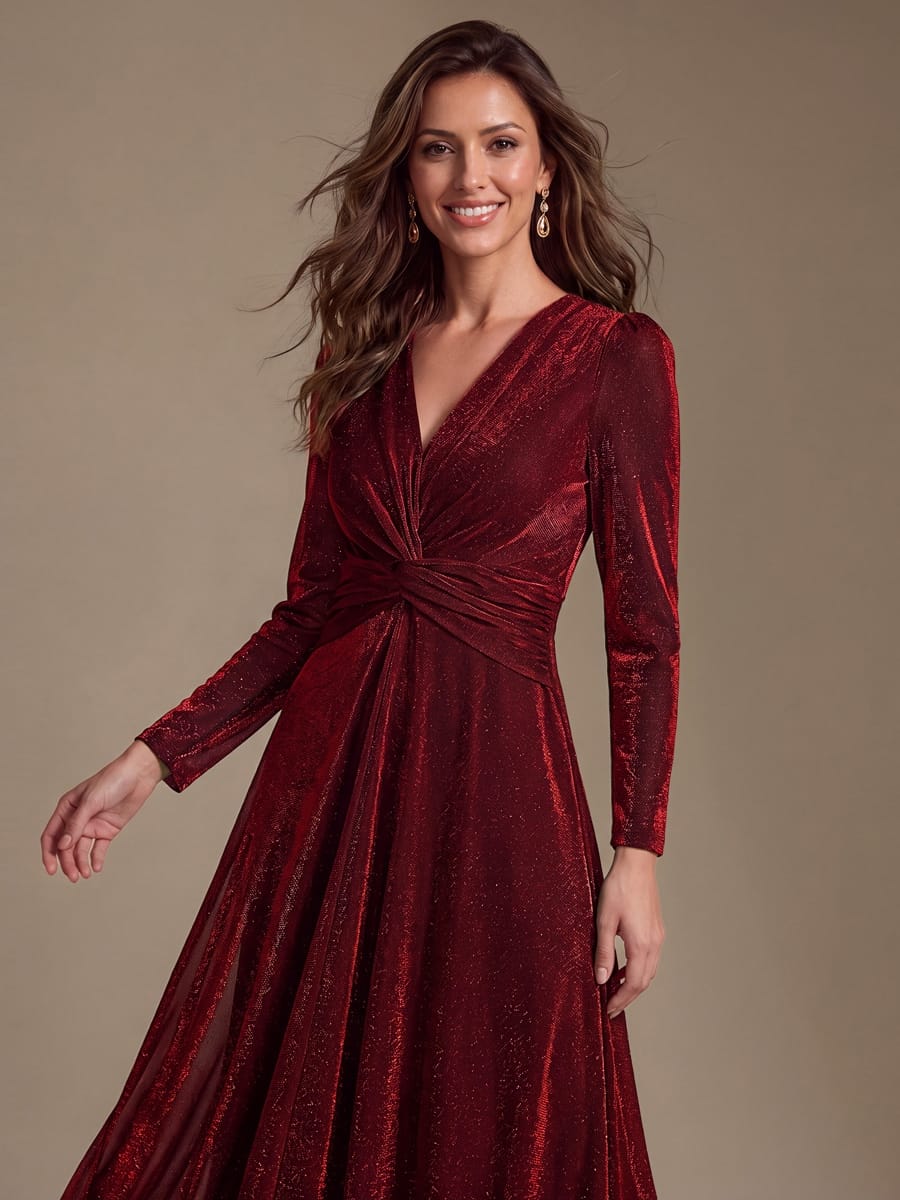 Knotted Knit Fitted Sleeve Dress #color_Burgundy