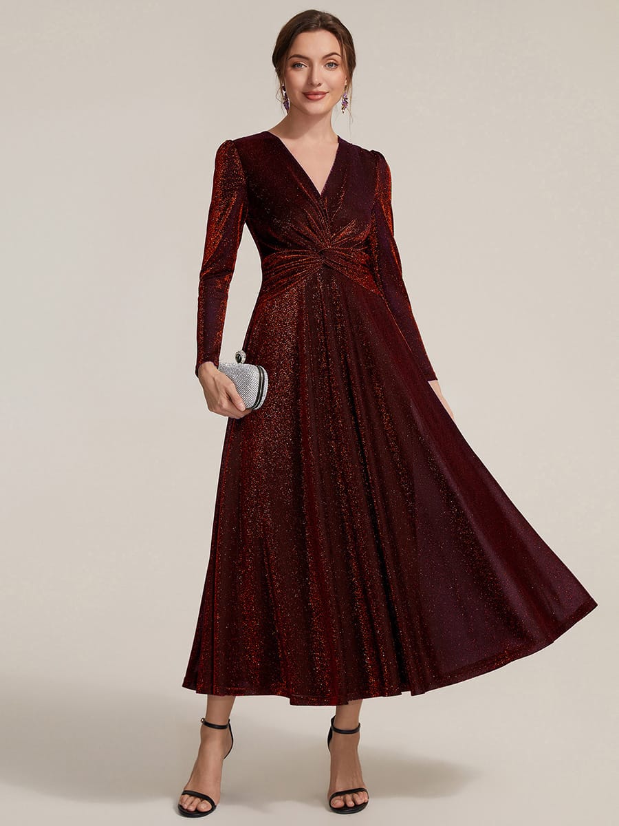 Knotted Knit Fitted Sleeve Dress #color_Burgundy