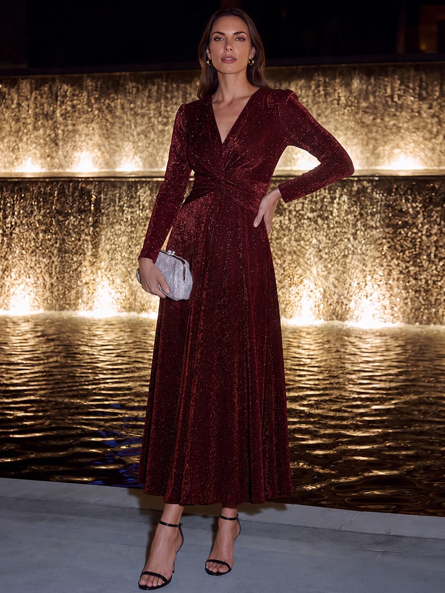 Knotted Knit Fitted Sleeve Dress #color_Burgundy