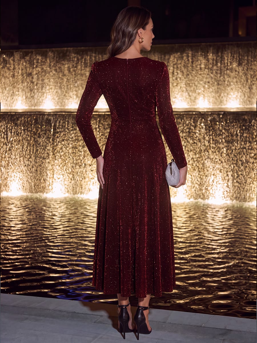 Knotted Knit Fitted Sleeve Dress #color_Burgundy