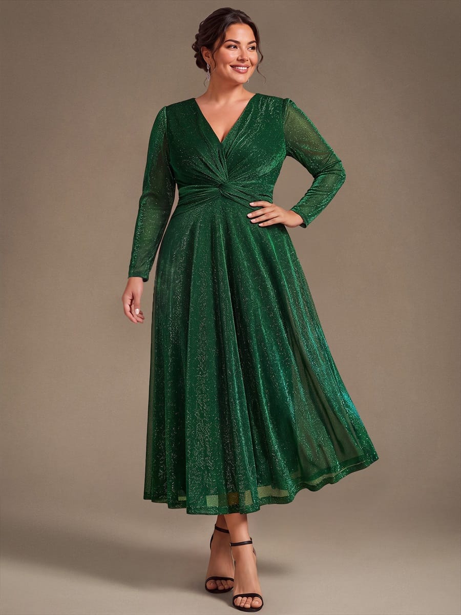 Knotted Knit Fitted Sleeve Dress #color_Dark Green