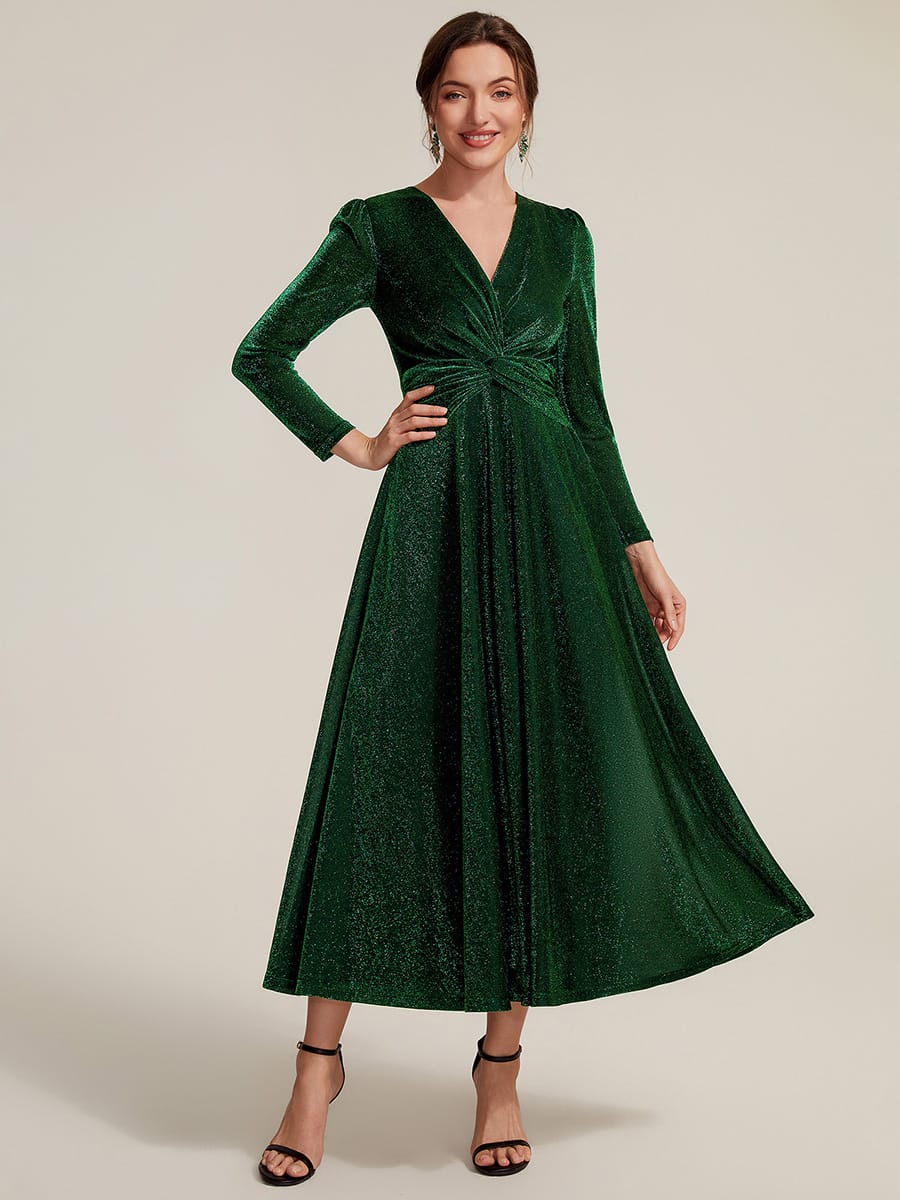 Knotted Knit Fitted Sleeve Dress #color_Dark Green