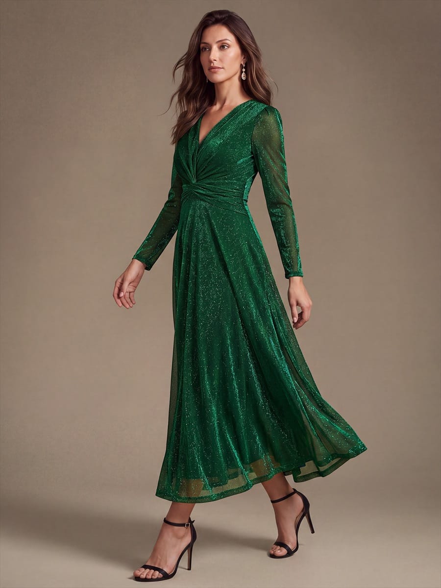 Knotted Knit Fitted Sleeve Dress #color_Dark Green