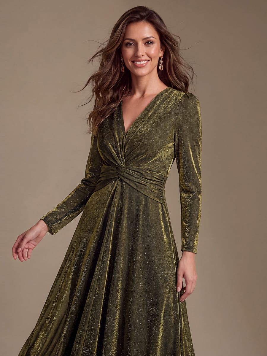 Knotted Knit Fitted Sleeve Dress #color_Metallic Gold